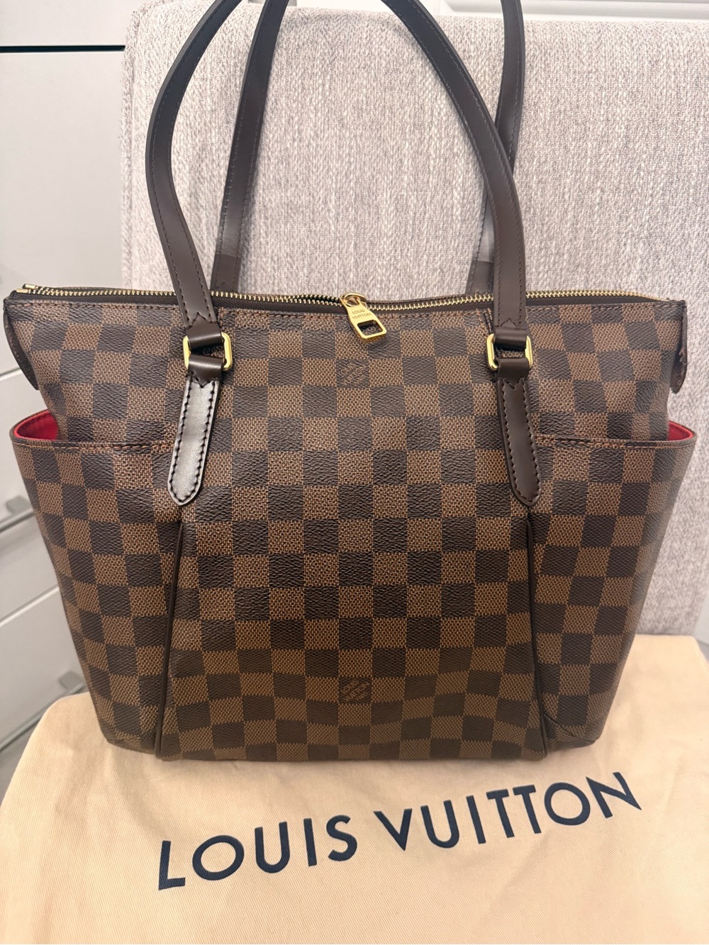 Louis Vuitton Damier Ebene Canvas Shopper Tote with Red Interior Accents - Picture 3 of 14